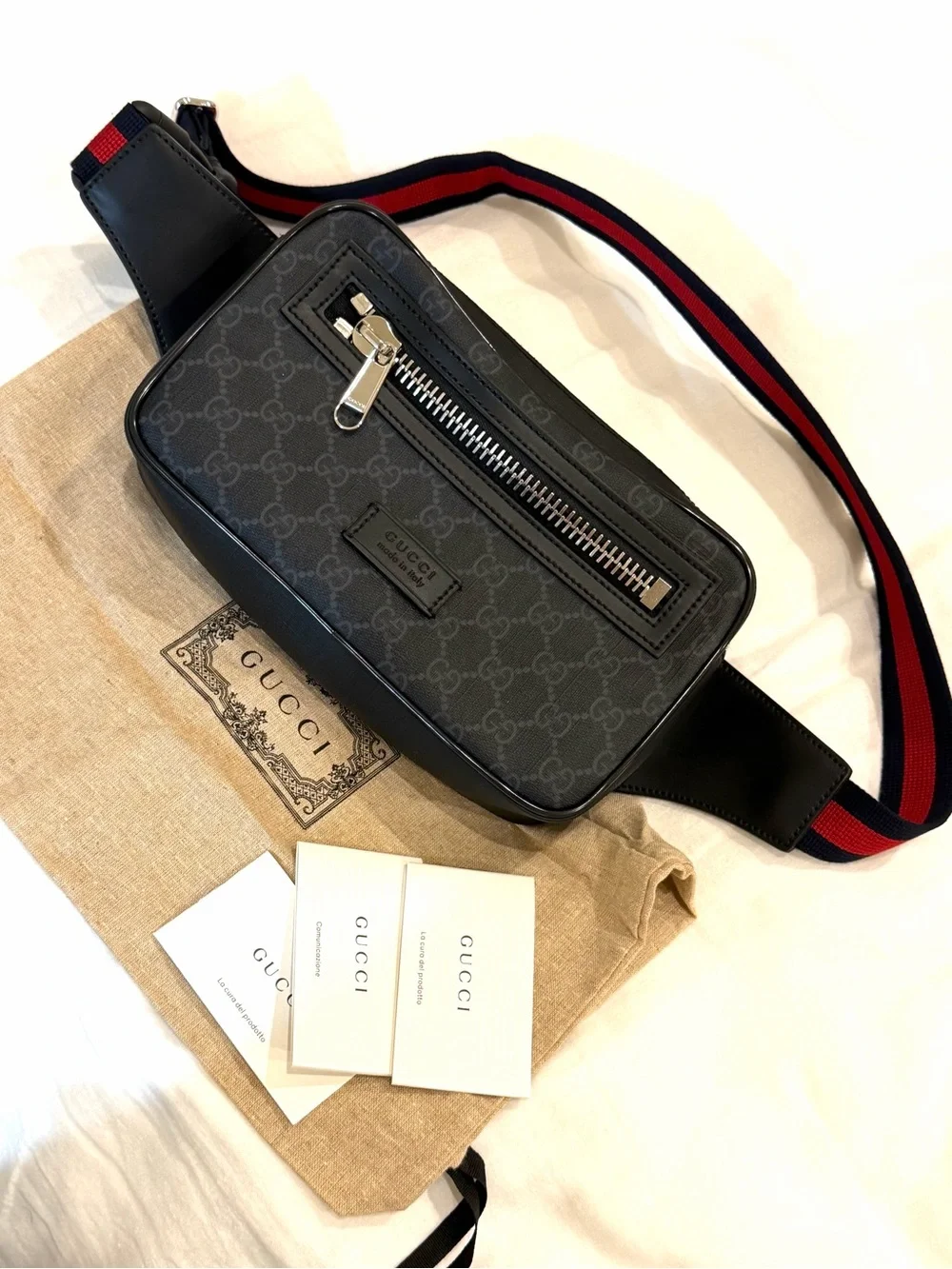 Gucci Black GG Supreme Belt Bag with Red and Navy Web Strap